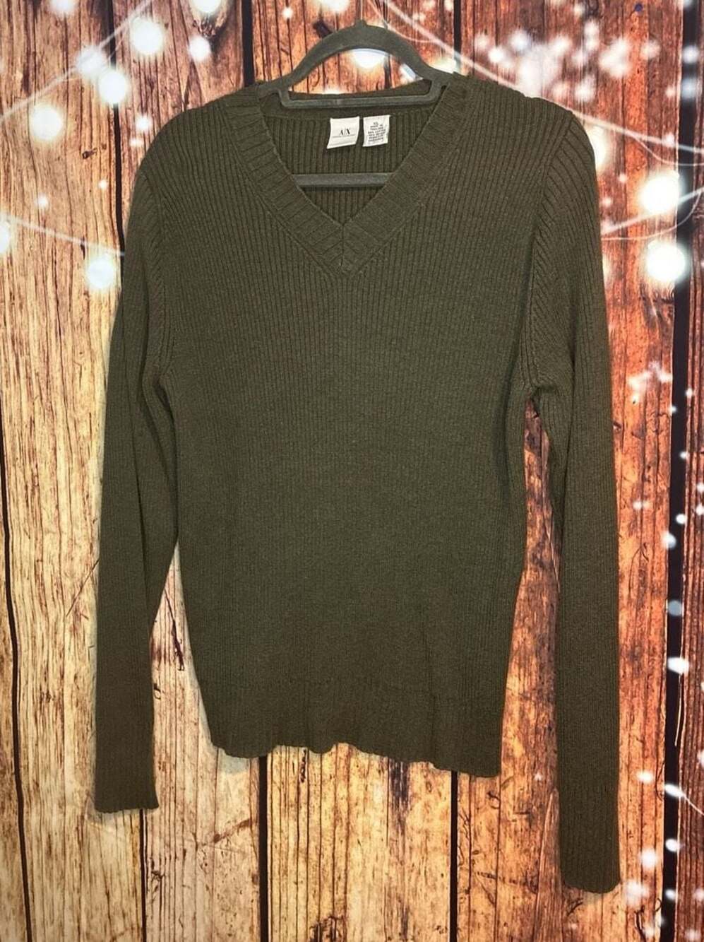 Armani Exchange A|X Ribbed Cotton Blend V-Neck Sweater in Olive Green